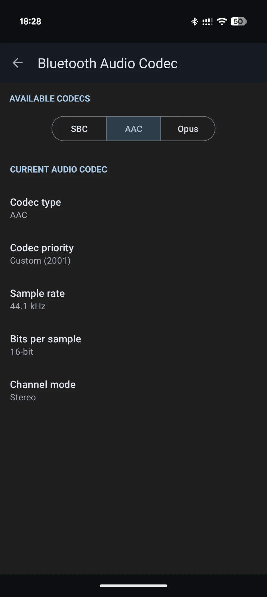 Bluetooth Audio Codec screen with SBC, AAC and Opus options, showing the current codec AAC, 44.1 kHz sample rate, 16-bit depth and stereo channel mode.