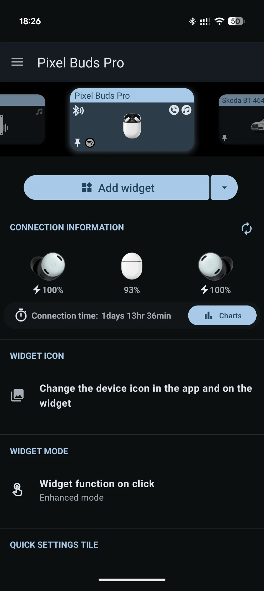 Pixel Buds Pro device screen showing left, right and case battery at 100%, 93% and 100%, connection time and widget mode set to Enhanced.